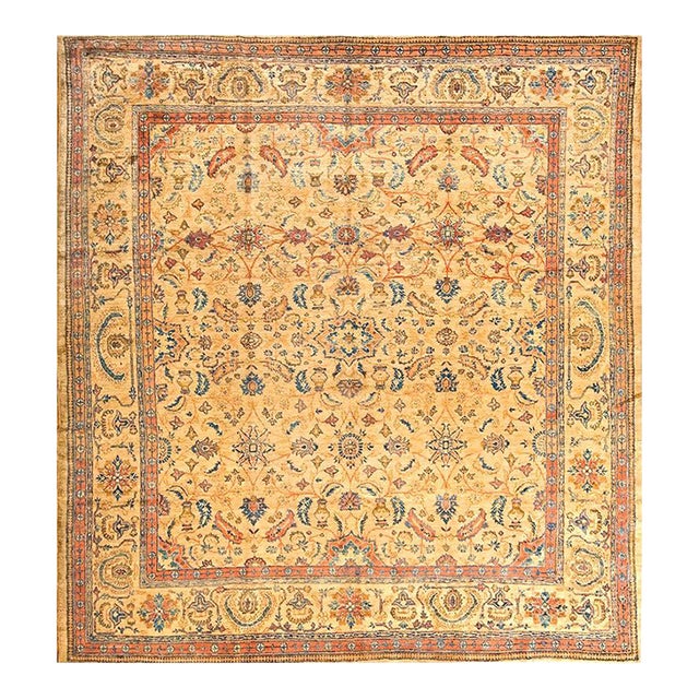 1890s Tan Khaki Floral Hand Knotted Antique Persian Sultanabad Rug 8'6" X 8'10" Wool Carpet For Sale