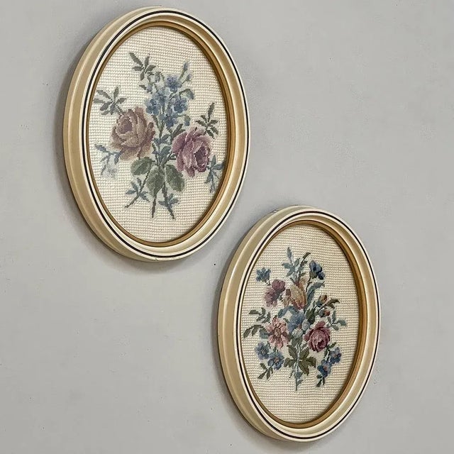 Pair Antique Needlepoint Works in Original Bakelite Frames are delightful works in needlepoint as well as petite point,...