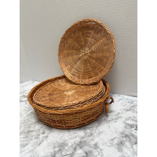 Farmhouse Vintage Wood Wicker Plate Holders and Basket Set of 8 For Sale - Image 3 of 8