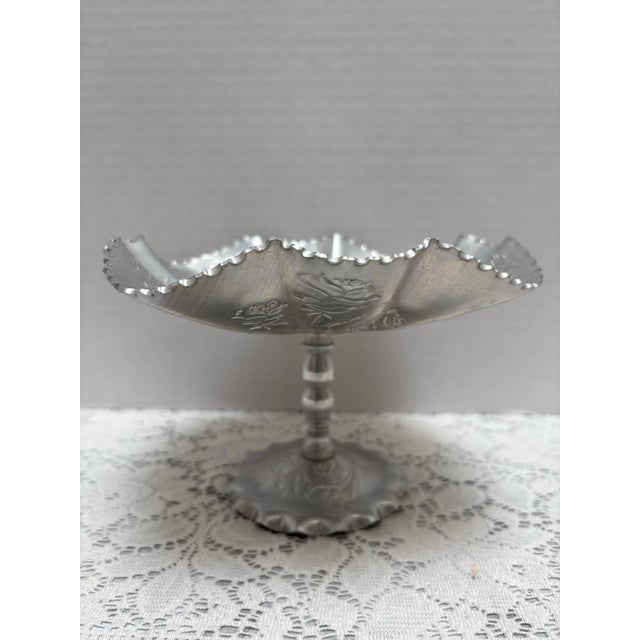 Vintage Midcentury etched floral rose patterned metal pedestal decor and serving tray with scaled etched fluted edges and...