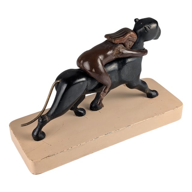 Art Deco Sculpture of Ariadne and the Panther, 1920s, Wood and Brass For Sale