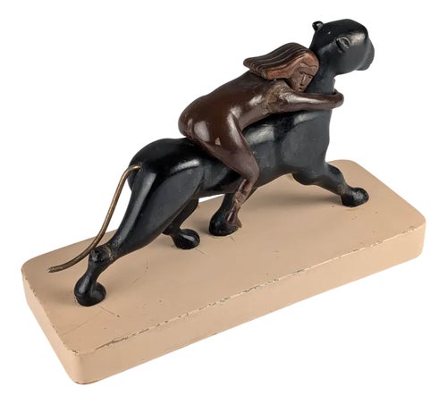 Art Deco Sculpture of Ariadne and the Panther, 1920s, Wood and Brass