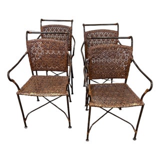 Boho Coastal Vintage Iron Wicker Dining Chairs - Set 4 For Sale