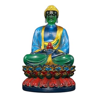 Late 20th Century Gilt Painted Liuli Glass Seated Shakyamuni Buddha Sculpture on Lotus Base For Sale