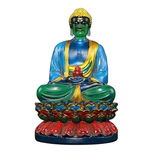 Late 20th Century Gilt Painted Liuli Glass Seated Shakyamuni Buddha Sculpture on Lotus Base For Sale