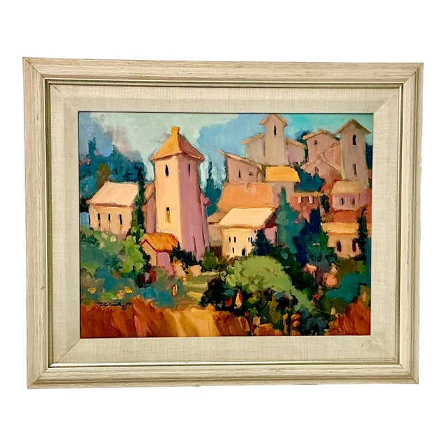 1963 Vintage Impressionist Rustic European Original Oil Painting, ‘Provincial Village’ by Patsy Smith For Sale
