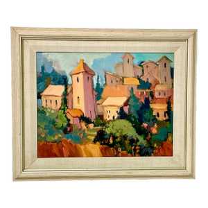 1963 Vintage Impressionist Rustic European Original Oil Painting, ‘Provincial Village’ by Patsy Smith