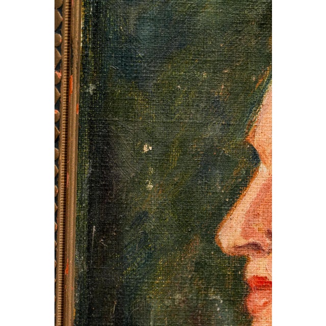 Green Art Deco Era Antique Oil Painting Profile Portrait of Young Man in Suit Framed For Sale - Image 8 of 12
