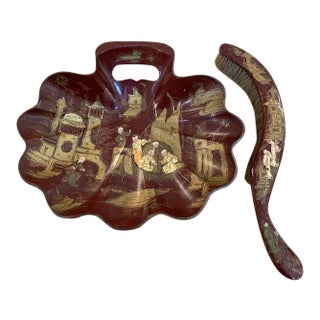 Antique French Chinsoiserie Papier Mache Dustpan & Brush - Deep Oxblood Red For Sale