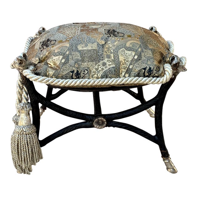 Vintage Wrought Iron Stool With Custom Pillow For Sale