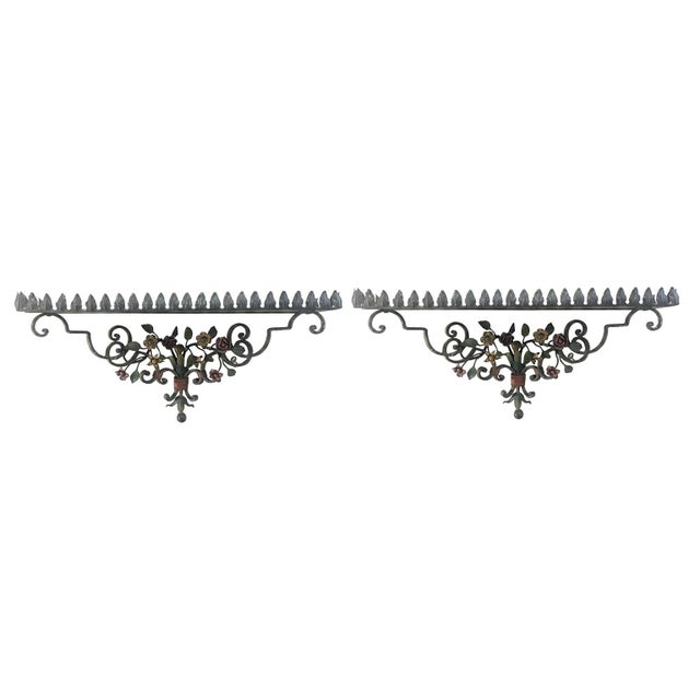 Brown Rectangular Shelves in Polychrome Lacquered Wrought Iron, Early 1900s, Set of 2 For Sale - Image 8 of 8