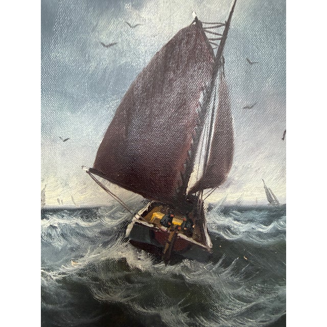 Vintage Signed Oil Painting Stormy Sea Fishing Boats Maritime Seascape Framed For Sale In Jacksonville, FL - Image 6 of 10