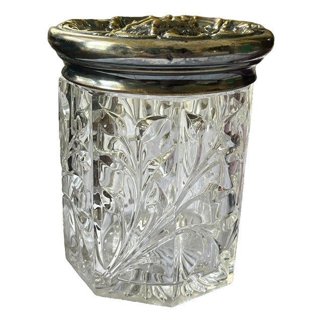 Vintage Glass Jar With Ornate Cherub Metal Lid – Vanity Barware Biscuit or Tobacco Jar For Sale