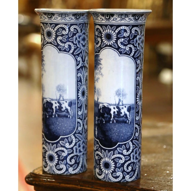 Pair of 19th Century Dutch Delft Blue and White Faience Cattle Scene Vases For Sale - Image 9 of 13