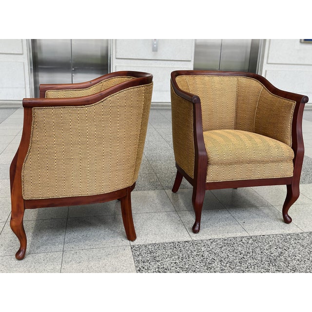 1930s Danish Art Deco Mahogany Lounge Chairs in Donghia Gold Chevron - A Pair For Sale - Image 5 of 15