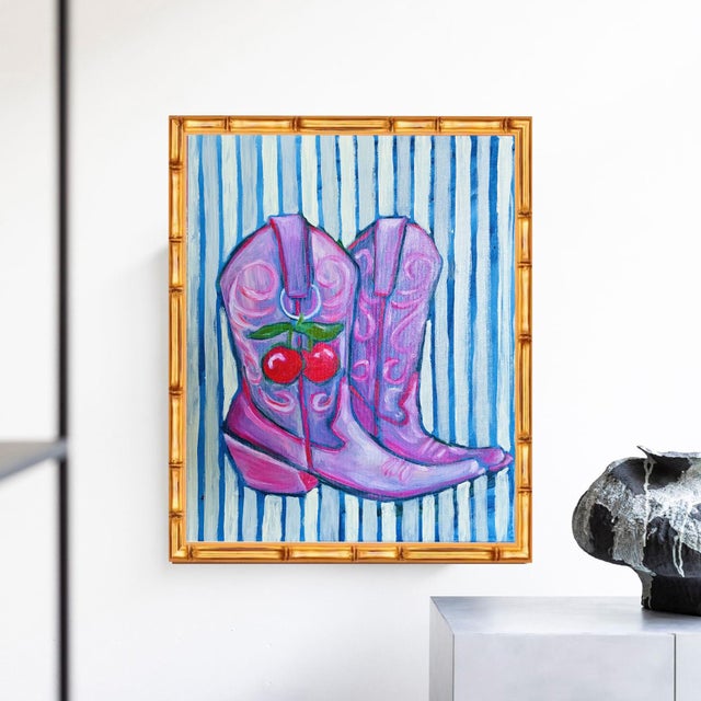 Boho Chic Original Framed Cowboy Boots, White Blue Red Country Art, Oil Sticks on Canvas by Tatiana Duperault For Sale - Image 3 of 4
