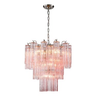 Aloadecor 23'' Modern Pink Textured Glass Chandelier in Polished Nickel Elegant Glam Tiered Pendant Light For Sale