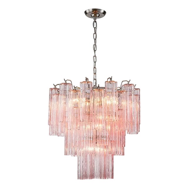 Aloadecor 23'' Modern Pink Textured Glass Chandelier in Polished Nickel Elegant Glam Tiered Pendant Light For Sale
