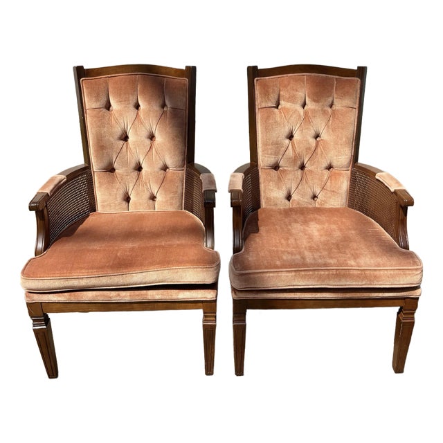 1960s Mid Century Modern Vintage Tufted Velvet and Cane Chairs, Set of Two For Sale