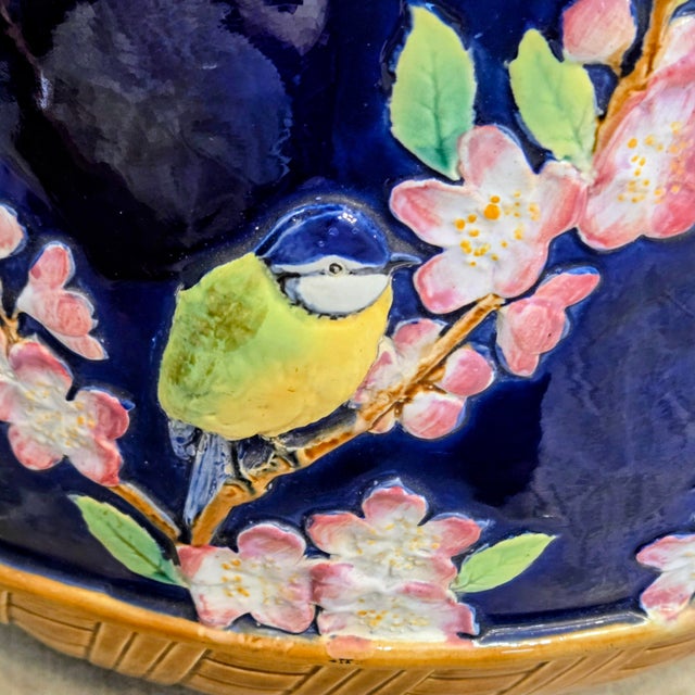 Ceramic Antique English Victorian George Jones & Sons Majolica Jardinière, Blue Birds & Blooms, Circa 1875 For Sale - Image 7 of 15