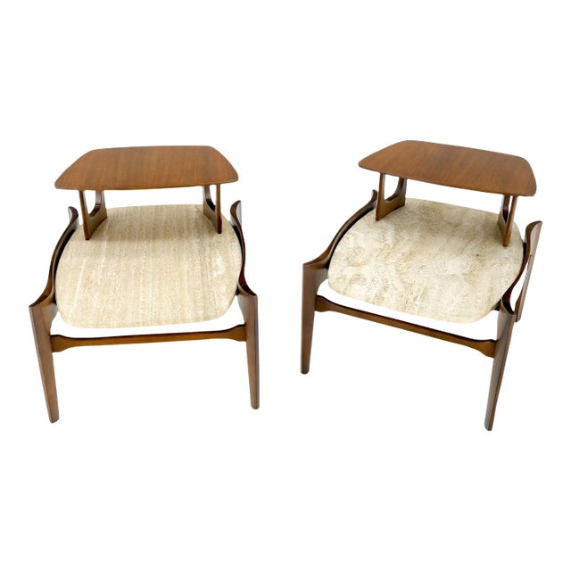 Sculptural 1970s Walnut Travertine Tops Step Side End Tables Singer Sons - A Pair For Sale