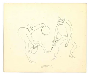 Mino Maccari, The Men with Guns, Ink Drawing, 1960s