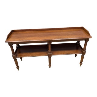 Vintage Wood Console Library Sofa Table Lower Shelf Fluted Legs Raised Trim For Sale