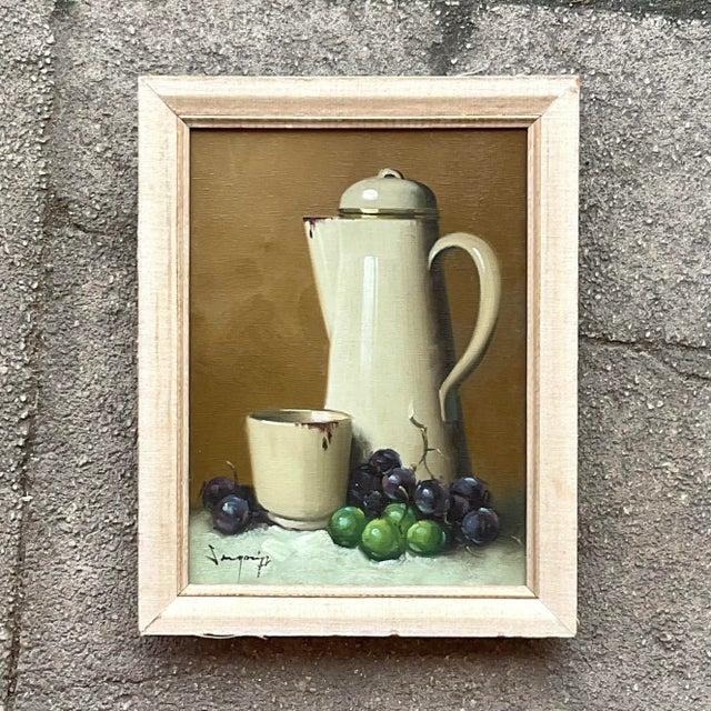 Vintage Boho Coffee Pot Still Life Original Oil on Canvas Painting For Sale - Image 4 of 5