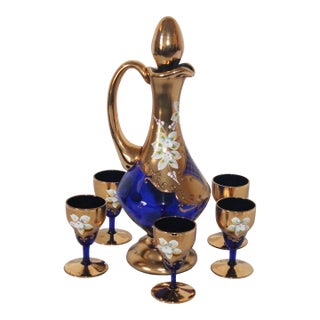 Vintage Czech Bohemian Cobalt Blue Decanter Set With (6) Glasses. For Sale