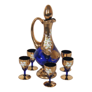 Vintage Czech Bohemian Cobalt Blue Decanter Set With (6) Glasses.