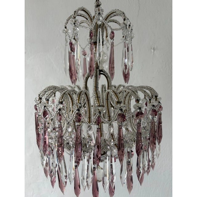 Italian Micro-Beaded Tiered Amethyst Crystal Prisms Chandelier C 1920 One of Two For Sale - Image 14 of 14