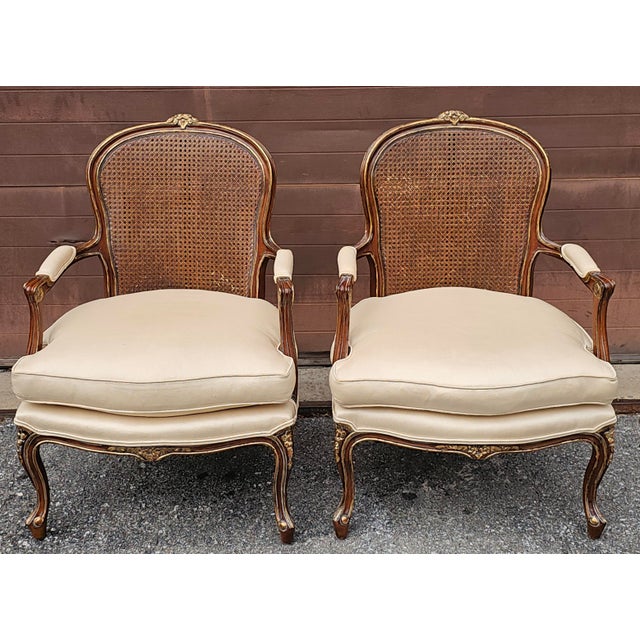 Century Furniture Late 20th Century Pair Century Furniture Lpuis XV Style Walnut Cane Back and Upholstered Fauteuils For Sale - Image 4 of 12
