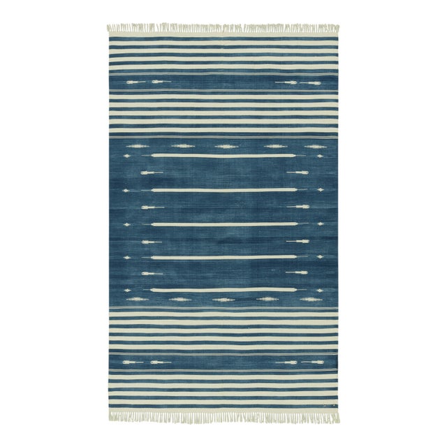 Rug & Kilim's Modern Dhurrie Rug in Blue with White Stripes & Geometric Patterns - 12x15 For Sale