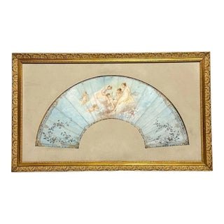 Antique French Louis XV Period Hand Painted Pale Blue Fan in Gilt Frame With Angels and Cherubs For Sale