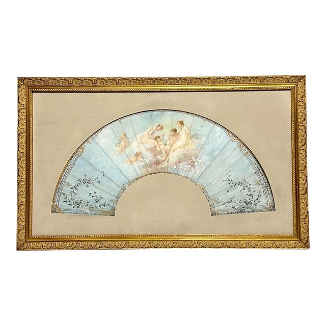 Antique French Louis XV Period Hand Painted Pale Blue Fan in Gilt Frame With Angels and Cherubs For Sale