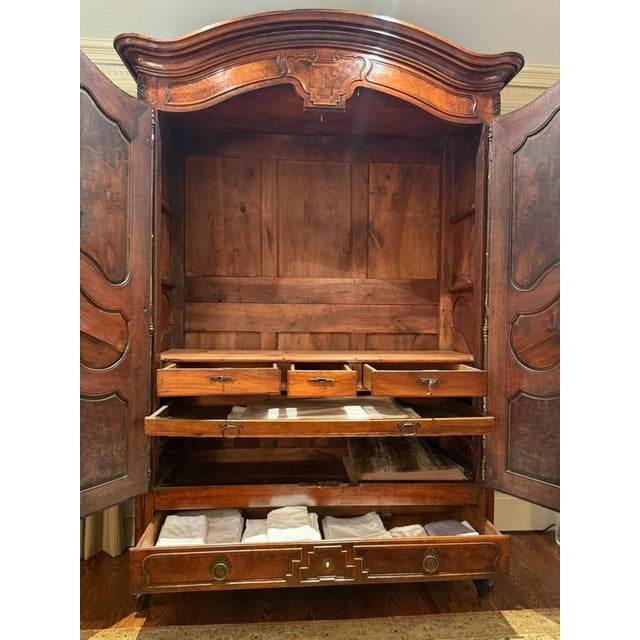 Wood 18th Century French Louis XV Walnut Armoire With Burr Elm, Chevron Inlay, Circa 1770 For Sale - Image 7 of 17