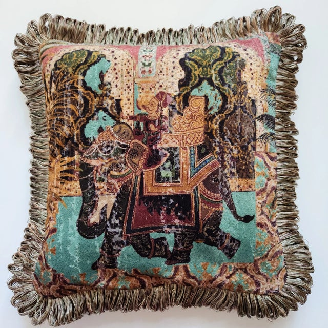 Beautiful silk velvet pillow with Indian Chinoiserie design on the front and turquoise velvet at the back. The velvet is...