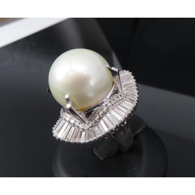 Metal Late 20th Century Rare 18mm South Seas Pearl & 3.63ct Diamond Platinum Ring, 32gr Size 5.75 For Sale - Image 7 of 18