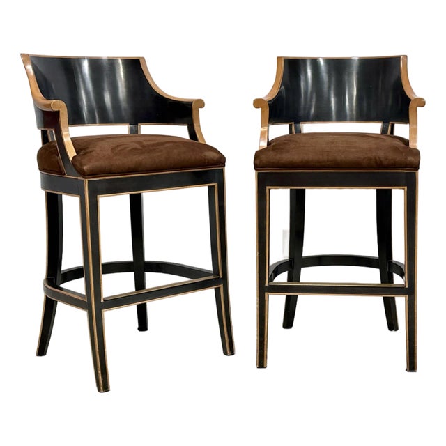 Pair of Gregorius- Pineo Two-Tone Ebonized & Natural Wood Bar Stools With Brown Ultrasuede For Sale