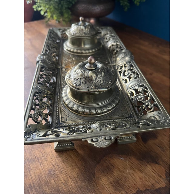 Antique Brass Double Inkwell Stand For Sale - Image 13 of 18
