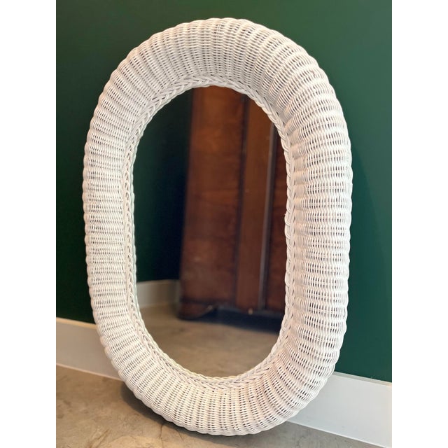 Vintage 1980s White Painted Woven Rattan Framed Mirror For Sale - Image 4 of 11