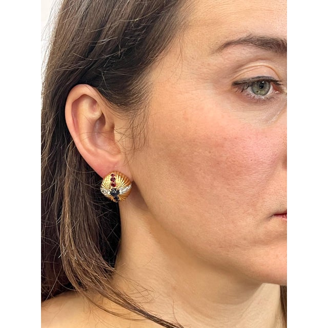 Metal 18 Karat Yellow Gold Ruby Sapphire and Diamond Earring and Stick Pin Set Estate For Sale - Image 7 of 8