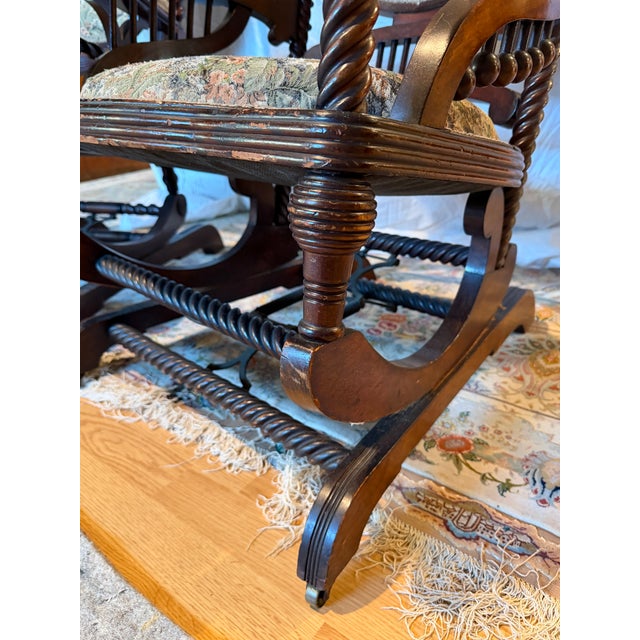 Late 19th Century Pair of Antique Victorian Barley Twist Upholstered Franklin Rocking Chairs, Circa Late 19th Century For Sale - Image 5 of 8