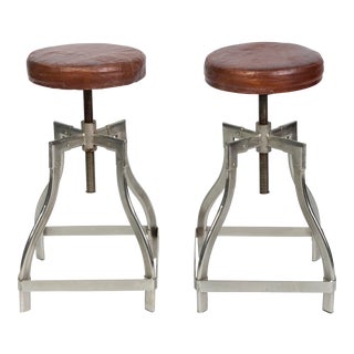 Industrial Adjustable Stools With Leather Seats - a Pair For Sale