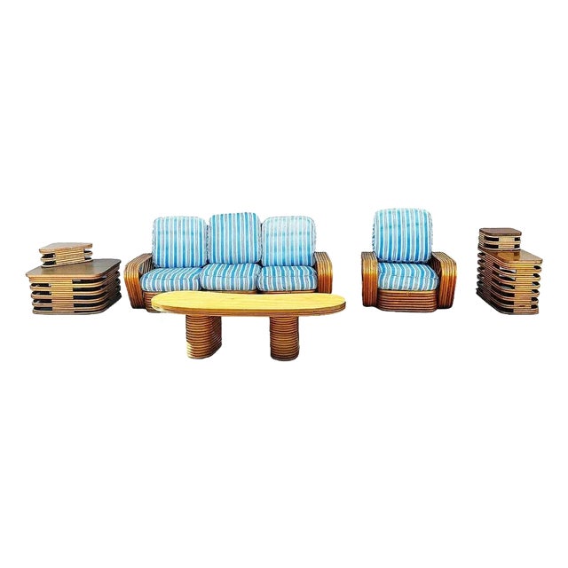 1940s Restored Mid-Century Modern Rattan Six Strand Square Pretzel Table & Seating Livingroom Set- 5 Pieces For Sale