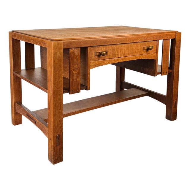 Antique Charles Limbert Arts & Crafts Quartersawn Oak Writing Desk W/ Bookshelf For Sale