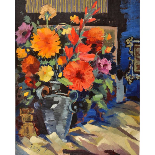 Janis Krontals, Still Life with Flowers, 1969, Oil Painting on Cardboard, in Good conditions. Designed 1960 to 1969 This...