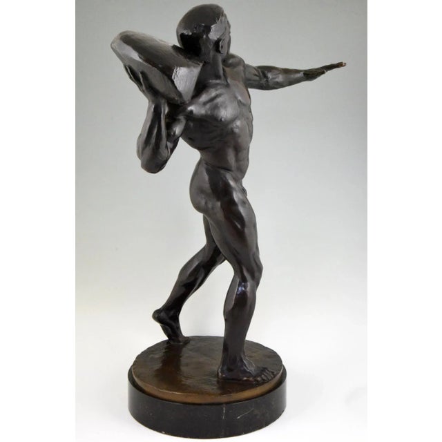 Metal Antique Bronze Sculpture of Male Nude with Stone by Hugo Siegwart For Sale - Image 7 of 12