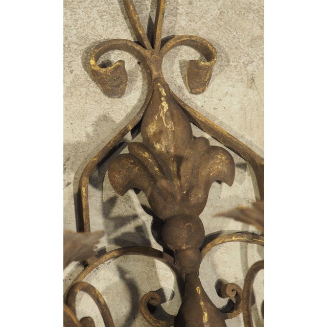 Set of Four Vintage French 3-Arm Iron and Tole Sconces, Distressed Gilt Finish For Sale - Image 16 of 18
