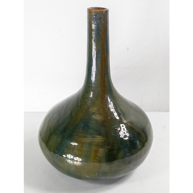 Modern 19th Century German or Austrian Olive Green Glazed Majolica Bottle Vase For Sale - Image 3 of 12